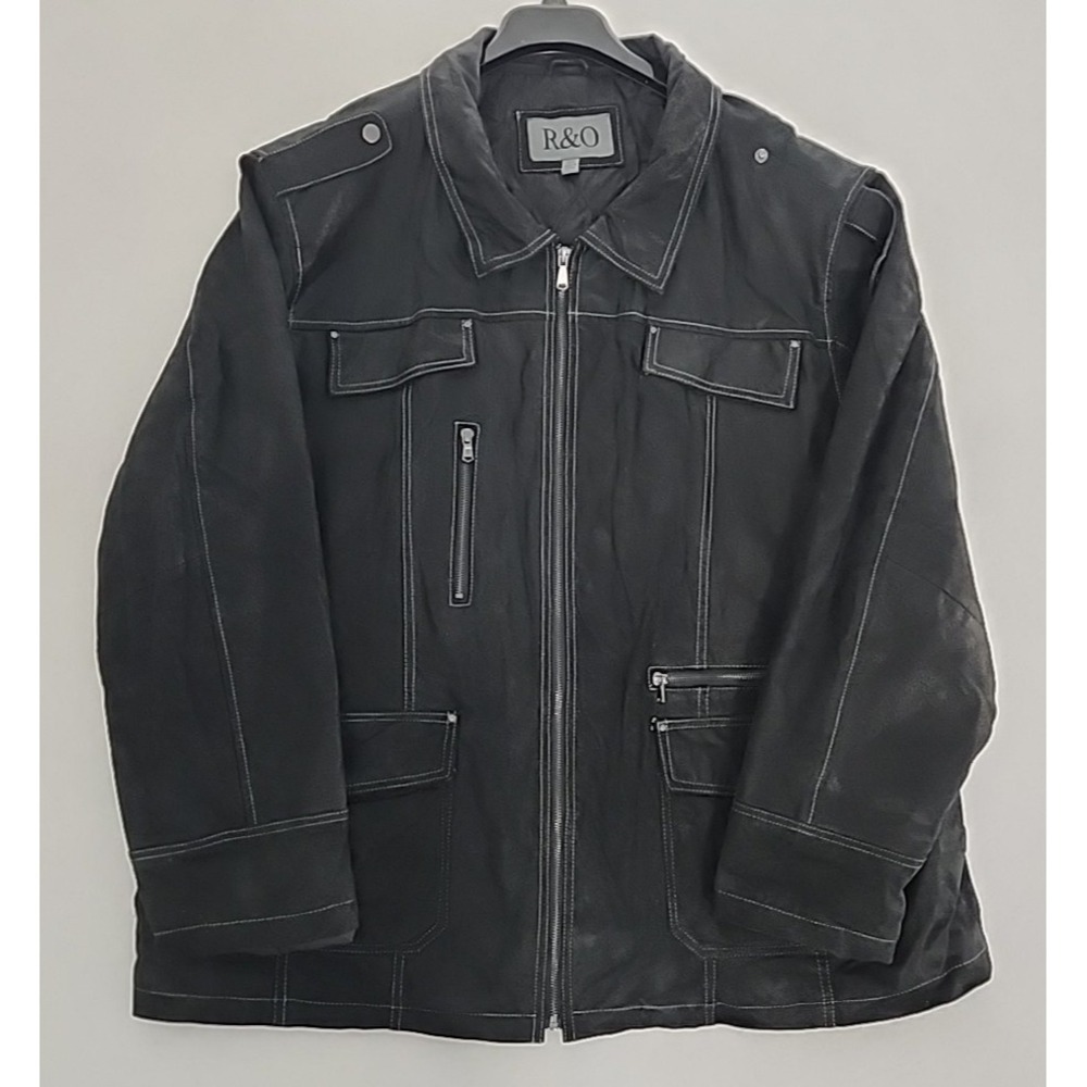 Leather Bomber Jacket Men's Size 3XL R&O Black Biker Motorcycle Heavy Quilted